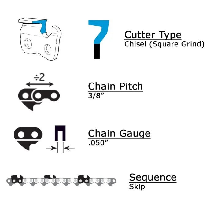OREGON 72CJ Saw Chain (.050 Gauge - 3/8 Pitch - Square Chisel / Skip Sequence)