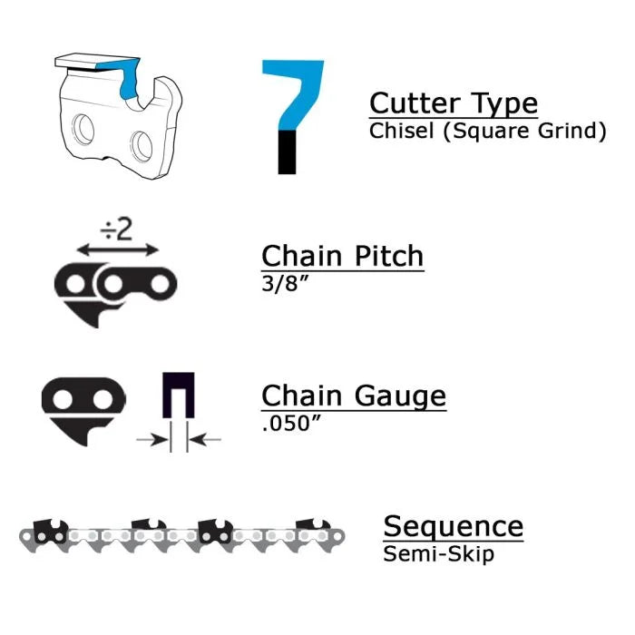 OREGON 72CK Saw Chain (.050 Gauge - 3/8 Pitch - Square Chisel / Semi-Skip Sequence)