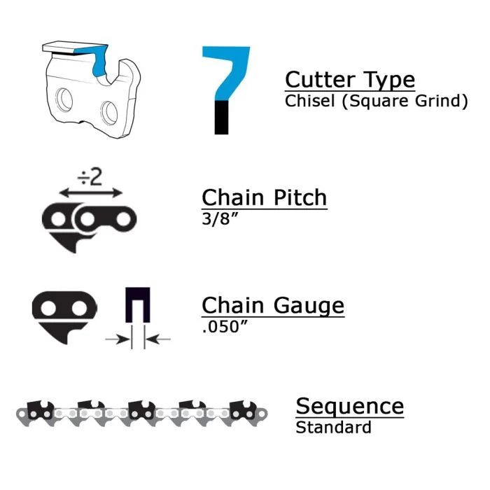 OREGON 72CL Saw Chain (.050 Gauge - 3/8 Pitch - Square Chisel / Standard Sequence)