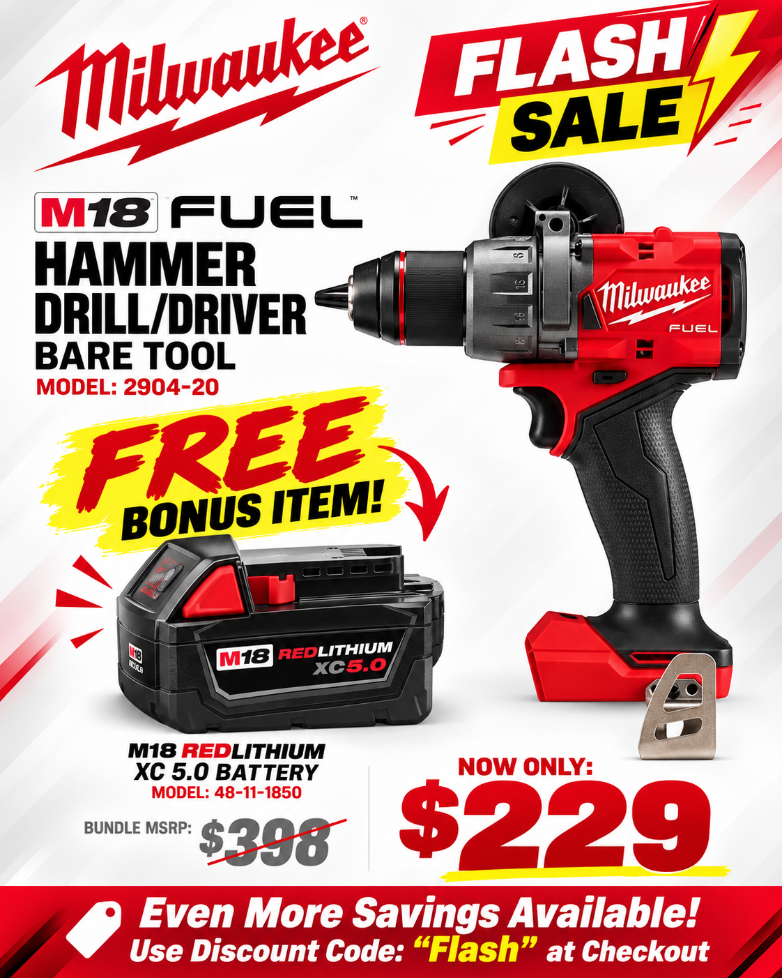 Milwaukee M18 Hammer Drill / Driver Bare Tool Plus Free Bonus XC 5.0 Battery (2904-20 + 48-11-1850)