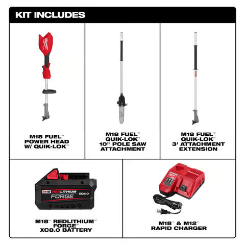 Milwaukee M18 Fuel 3016-21PS 10 in. 18 V Battery Pole Saw Kit w/ Extension (8.0 Forge Battery & Charger)