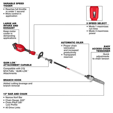 Milwaukee M18 Fuel 3016-21PS 10 in. 18 V Battery Pole Saw Kit w/ Extension (8.0 Forge Battery & Charger)