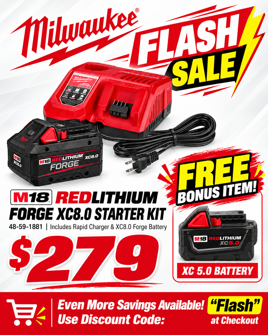 Milwaukee M18 Red Lithium Forge XC 8.0 Starter Kit w/ Rapid Charger & Free Bonus XC 5.0 Battery (48-59-1881 + 48-11-1850)
