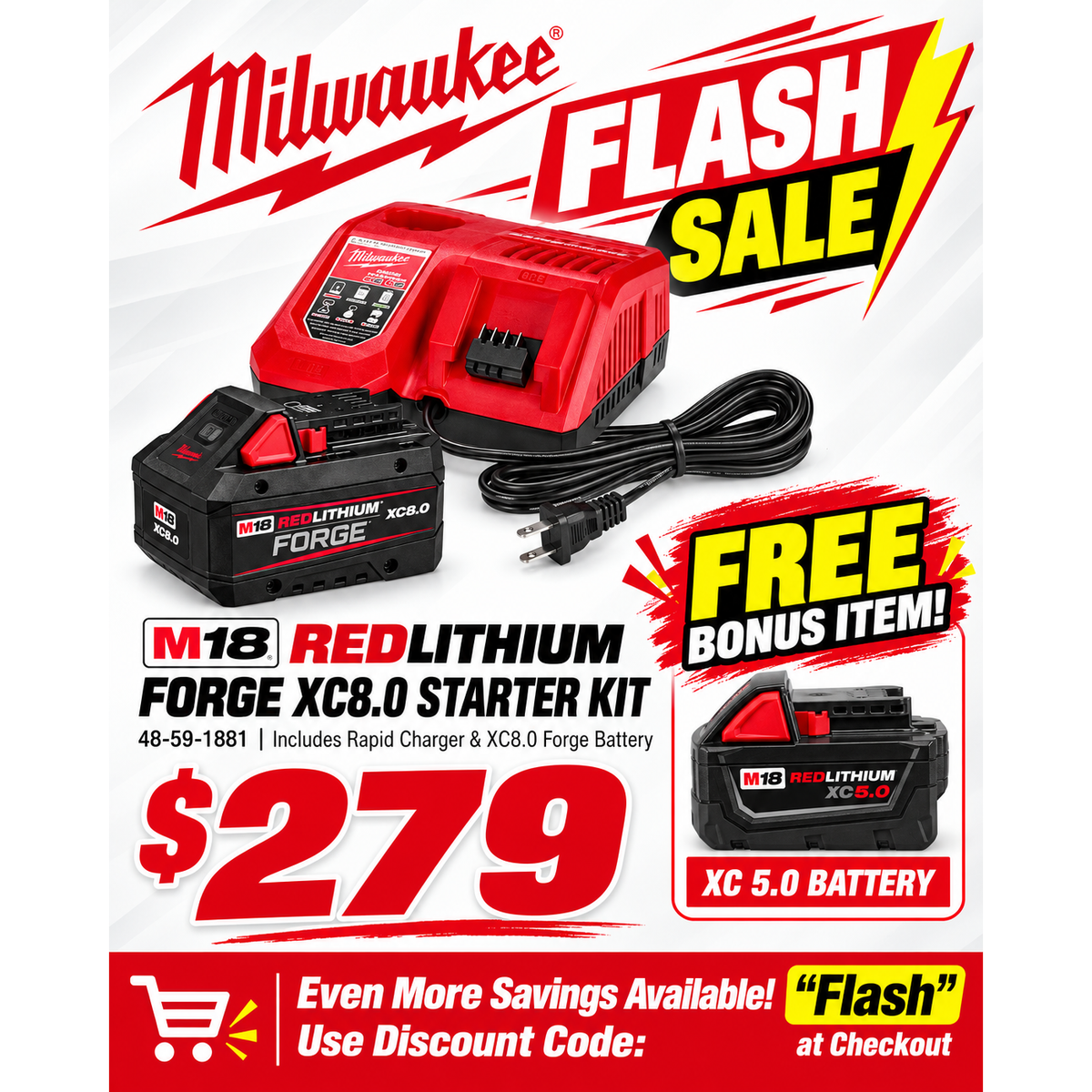 Milwaukee M18 Red Lithium Forge XC 8.0 Starter Kit w/ Rapid Charger & Free Bonus XC 5.0 Battery (48-59-1881 + 48-11-1850)