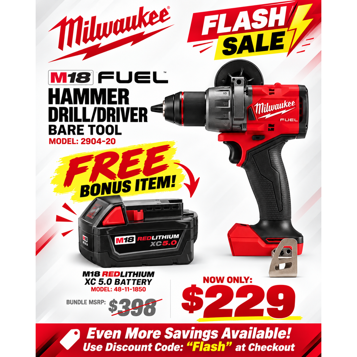Milwaukee M18 Hammer Drill / Driver Bare Tool Plus Free Bonus XC 5.0 Battery (2904-20 + 48-11-1850)