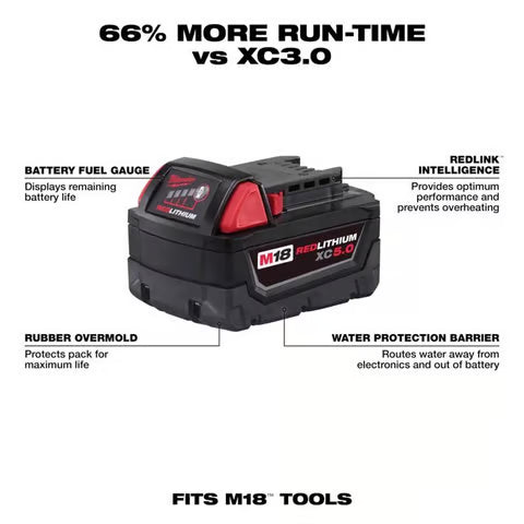 Milwaukee M18 RedLithium XC5.0 5 Ah Lithium-Ion Battery Pack 1 pc 48-11-1850